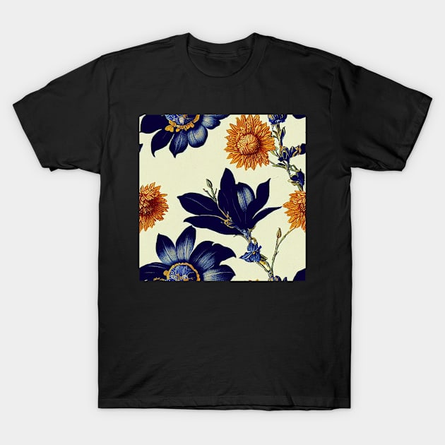 Deep Blue and Rust Autumn Orange Vintage Floral T-Shirt by VintageFlorals